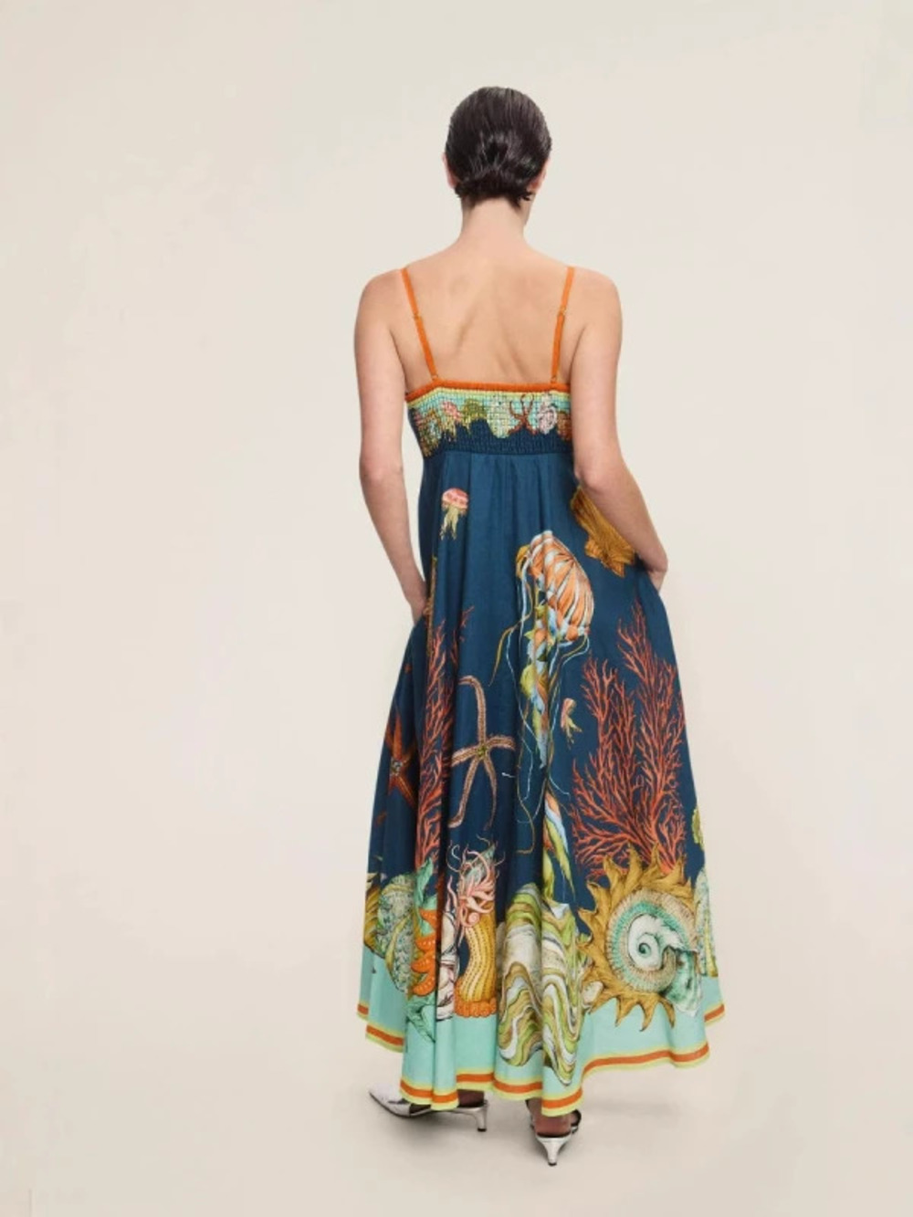 ZARA Summer Sexy Linen Flared Spaghetti Strap Graffiti Dress